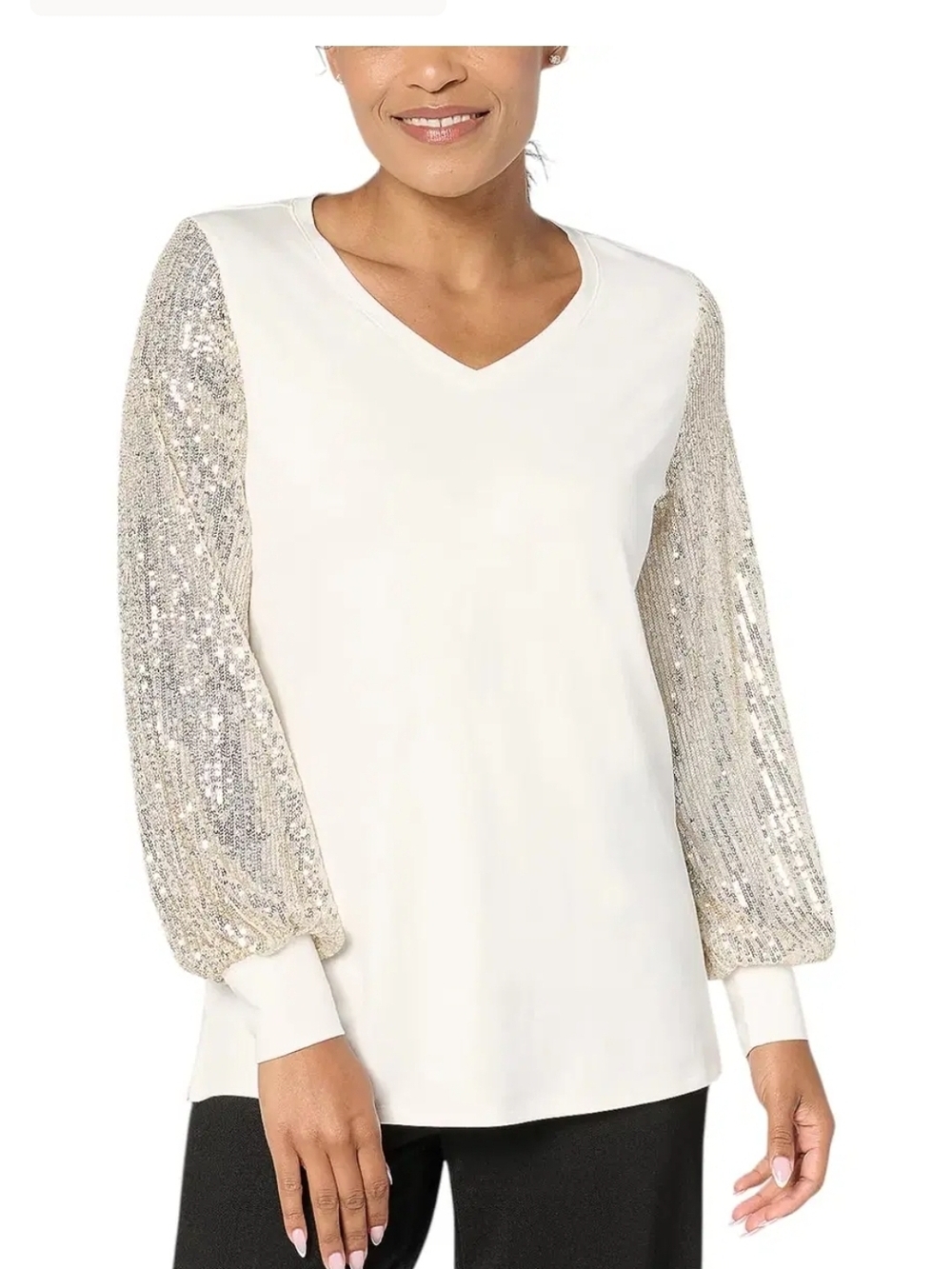 Kim Gravel Ivory V-Neck Top with Silver Sequin Balloon Sleeves Blouse Size M